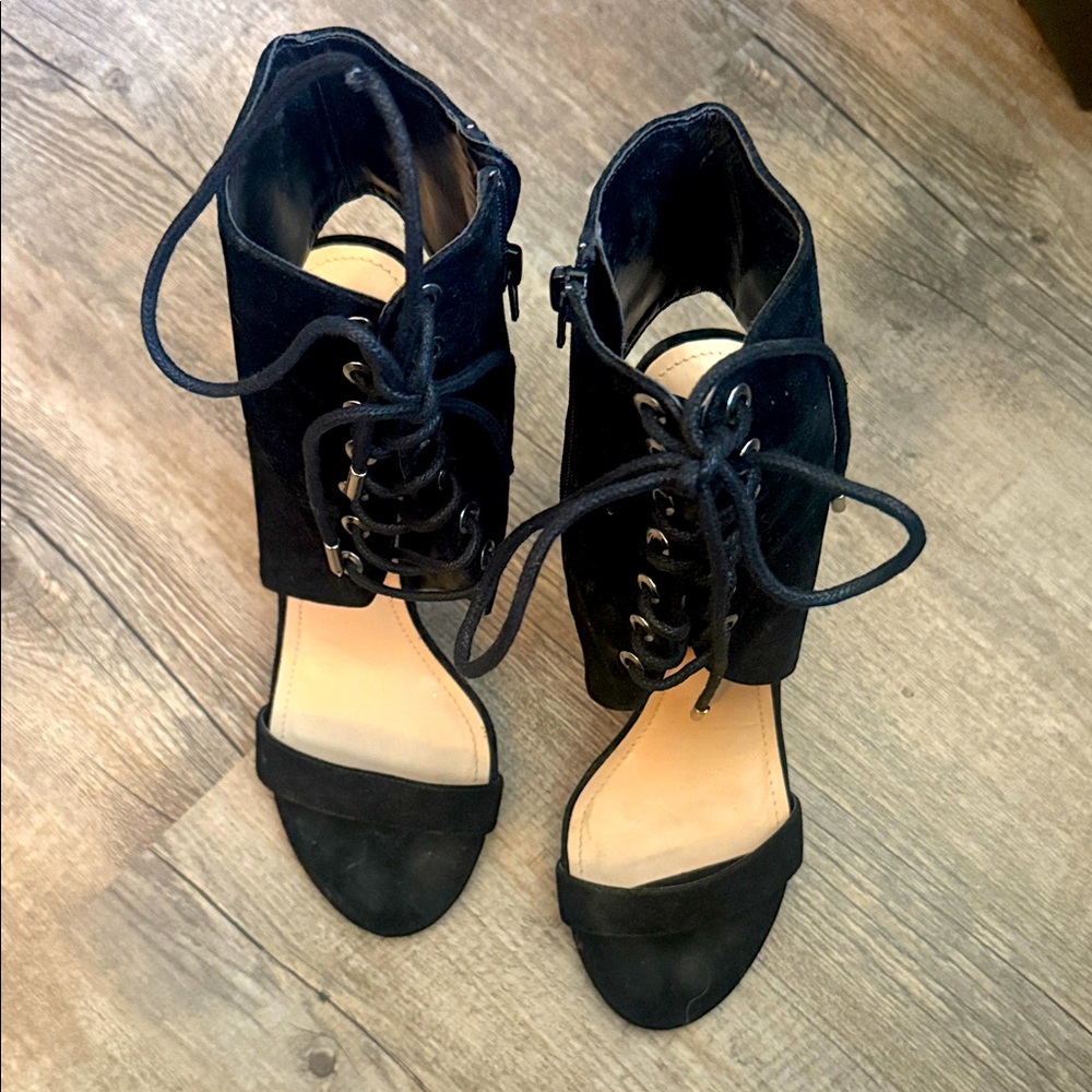 Sexy Faux Suede Black Lace-Up Silver Accents Open Toe Women's High Heel Sandals
